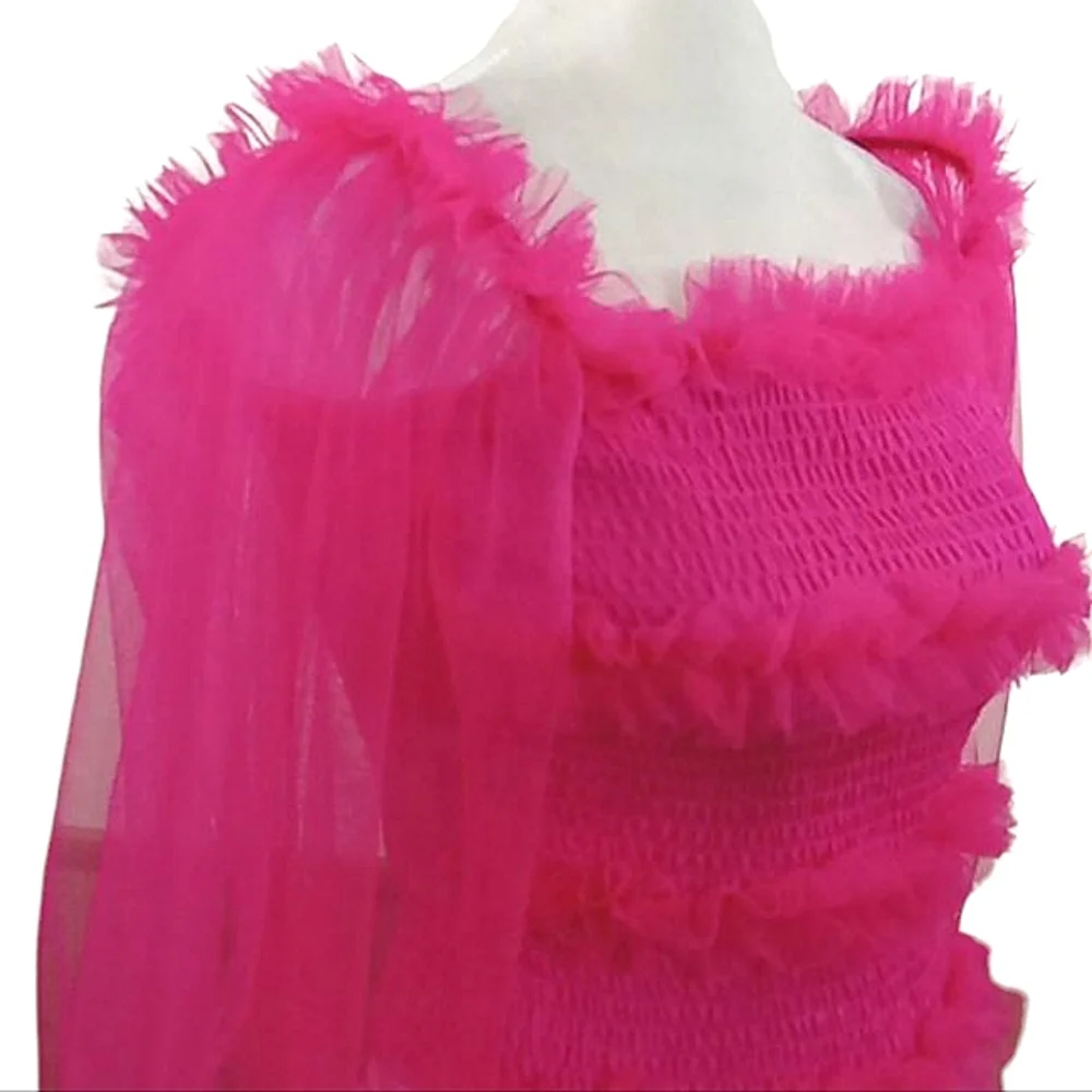 Tea & Cup Hot Pink Tulle Smocked Off Shoulder Top Size Small